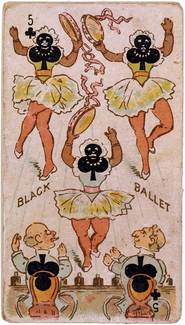 Black ballet five of clubs playing card, ca. 1875