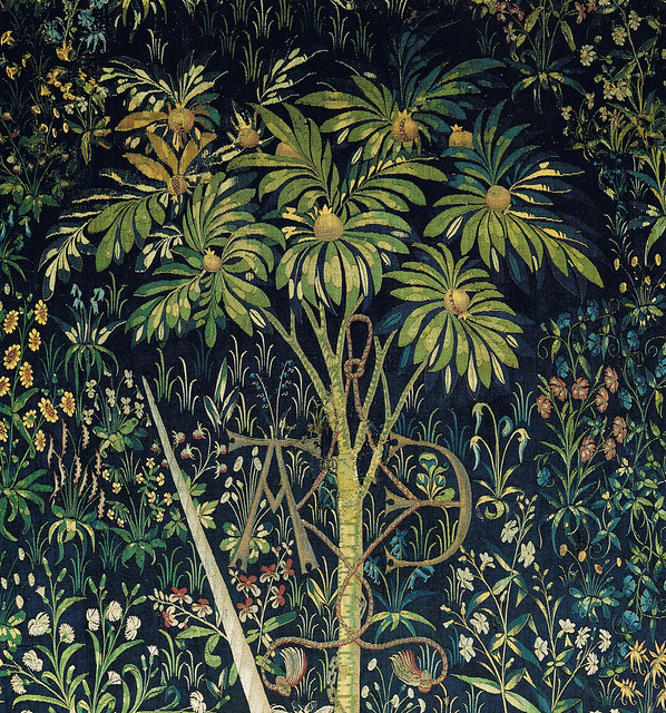 Tapestry no. 7: The Unicorn in captivity (detail: pomegranate & monogram)