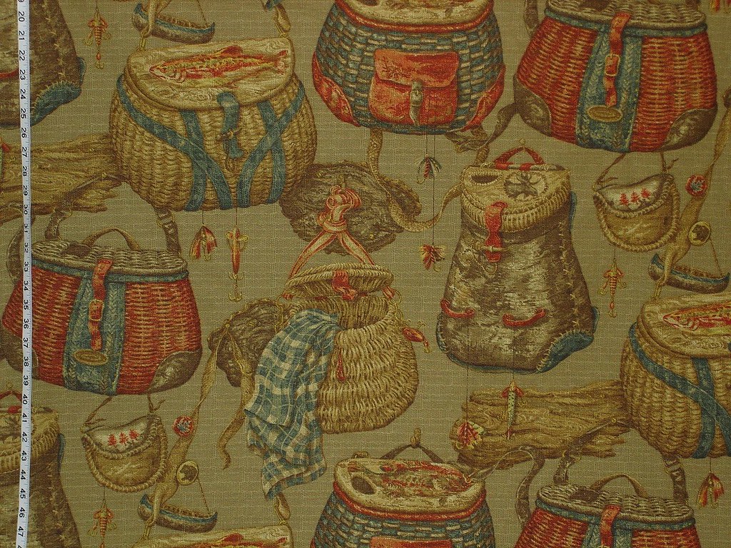 Vintage fishing creel barkcloth fabric, A fun fabric with v…