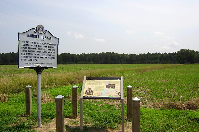 Harriet Tubman historical marker, near the plantation where she was enslaved, Dorchester County, MD