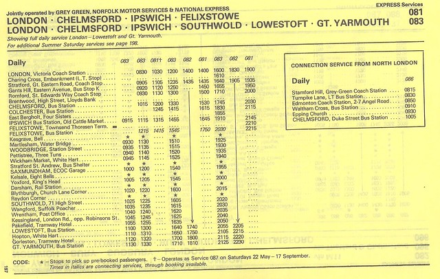 June 1983 GreyGreen, Norfolk Motor Services & National Express Route 081 & 083 London - Felixstowe Gt. Yarmouth