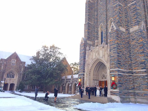 When your wedding day turns into a #dukesnowday...These newlyweds didn't let a little snow and ice stop them. Congratulations to the two couples who married in a winter wonderland @dukechapel yesterday! #pictureduke #dukeweddings