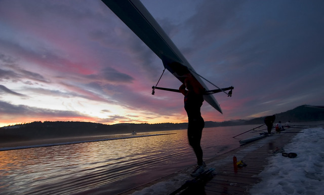 Rowing sunset sculling Elk Lake Victoria British Columbia
