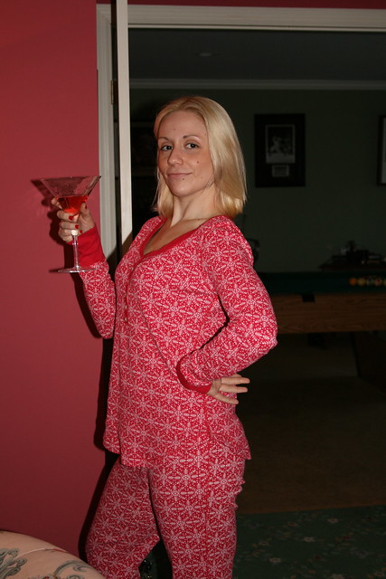 chris in her pjs, with her cosmo