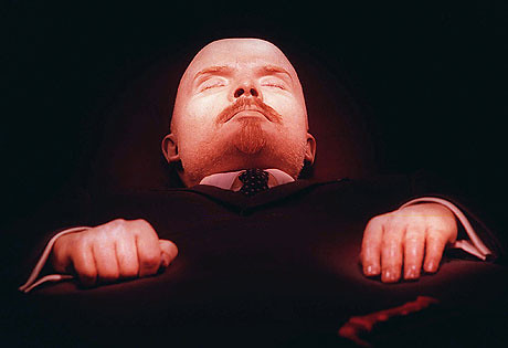 An image of Vladimir Lenin's preserved remains in his mausoleum in Moscow, Russia.