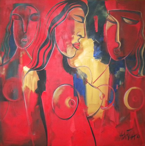 Two close faces against red and yellow