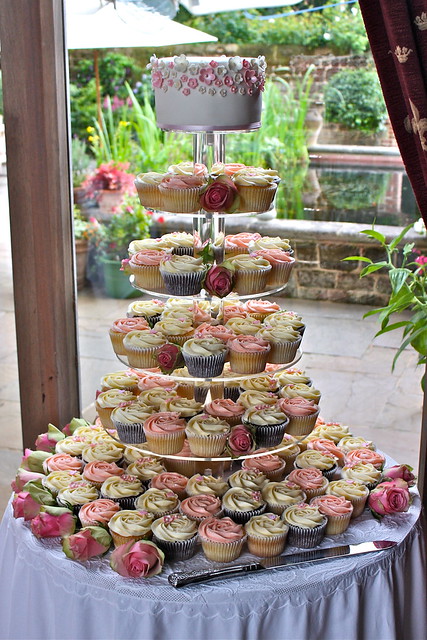 Pink & Ivory Rose Wedding Cupcake Tower
