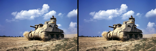 tank training 1942 M3 at Fort Knox,Huge 4x5 Kodachrome positive in cross-view 3D stereo pair
