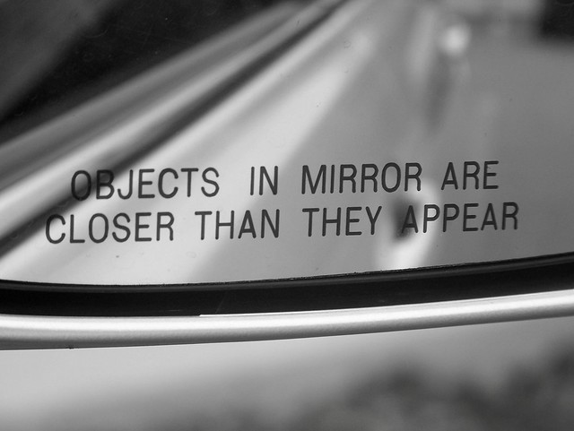 Objects in mirror are closer than they appear