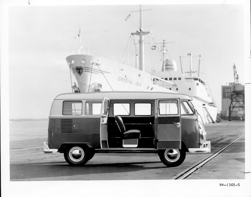 Volkswagen Promo for 1965 13 Window Deluxe Bus - Passenger Side View with Doors Open