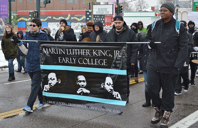 Members of a marching band in MLK Day parade.