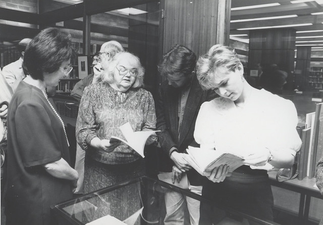 Elizabeth Guilford, Robyn Emmanuel and unidentified academics at the launch of the Auchmuty Renaissance Book Collection, Auchmuty Library, the University of Newcastle, Australia - October / November 1994