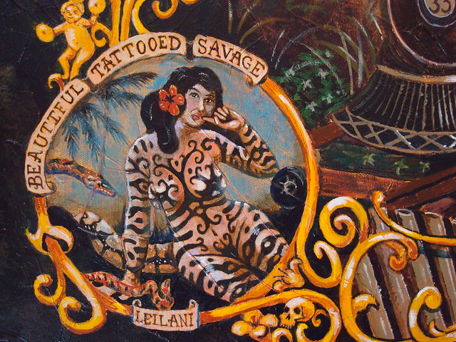 Dr. Z's traveling carnival (detail) showing Leilani, Tattooed Savage