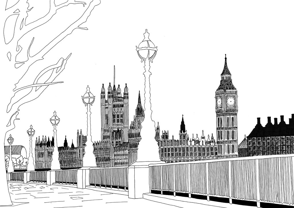London Houses of Parliament Pen drawing by Michael Lev