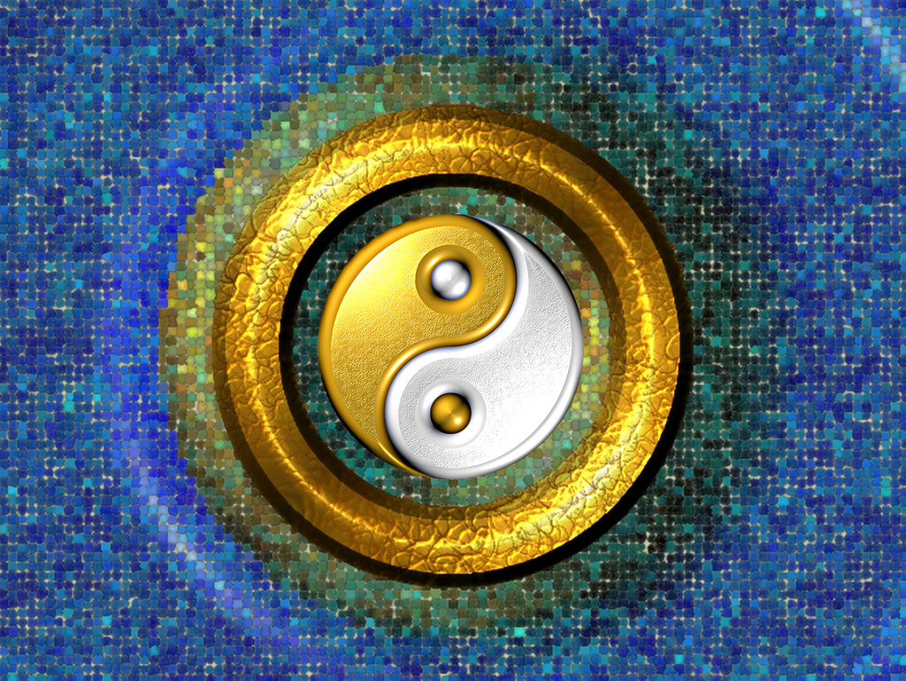 Yin-Yang Golden Ring and Blue Mosaic - computer generated image
