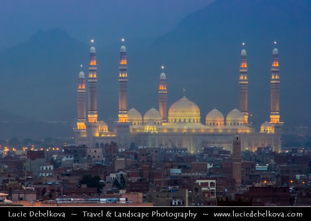 Yemen - Dusk over New skyline of Ancient City Sanaa - Large New Mosque - Al-Saleh Mosque by Night