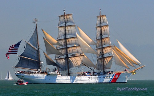 United States Coast Guard Cutter - Barque Eagle in Full Sail with American Flag Sailing in to San Francisco Bay California by Darvin Atkeson