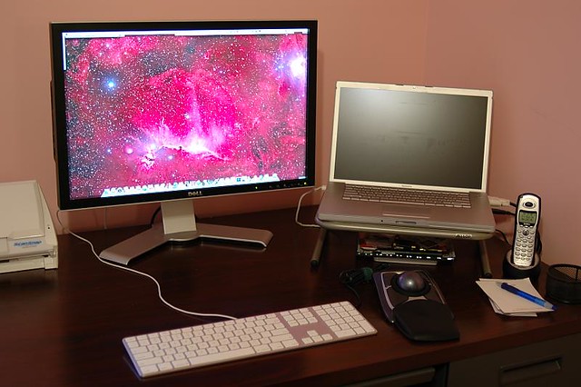 My workspace | Closeup of the computer on stand, monitor, ke… | Flickr