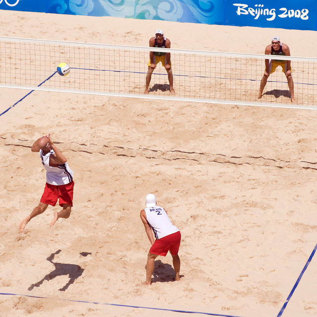 Rogers and Dalhausser in Action from the Brazil vs. USA Gold Medal Beach Volleyball Match at the Beijing 2008 Summer Olympics