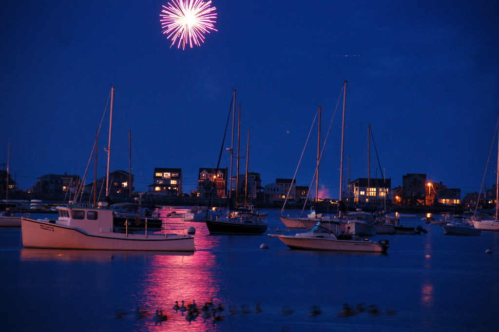 Fireworks over Scituate Harbor boats