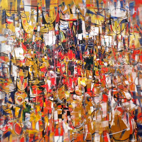 Dense colourful figures and rectangular shapes