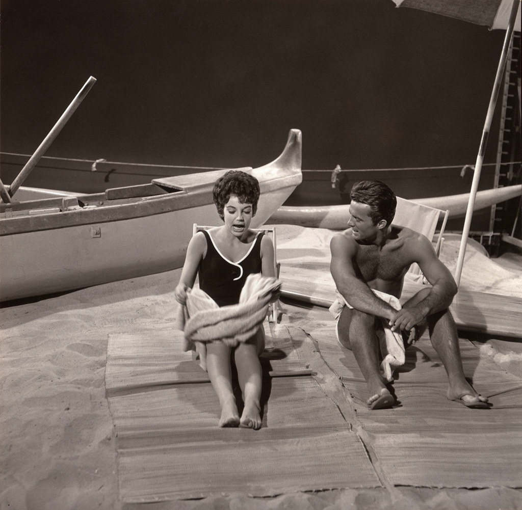 Robert Conrad and Karen Kupcinet on a soundstage beach, Hawaiian Eye, 1963.