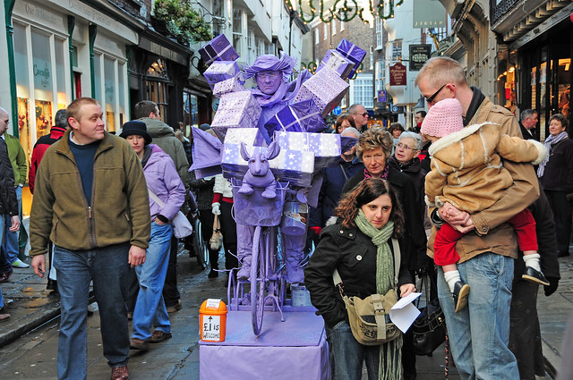 Purple Man on Bicycle, Living Street Art, Sculpture with Passers-by, City of York