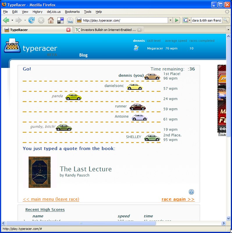 typeracer.. 96 wpm! woot! I beat shelley by 1wpm. hehe.