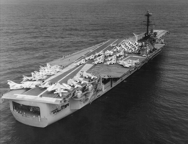 The U.S. Navy aircraft carrier USS Independence (CVA-62) photographed in April 1959,