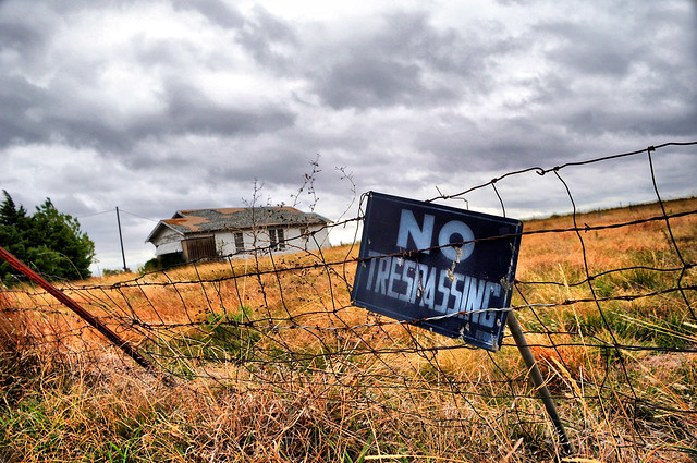 DSC_8391 No Trespassing Sign Venus Texas Abandoned House Home Barbed Wire Fence Posts Telephone Pole Dry Grasses Clouds Sky Storm Weather  Rural Commercial Landscape Photography
