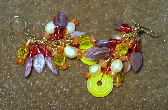 My Autumn Earrings! Yellow Pearls, handblown artisan disks, red copper wire, Carnelian, Czech fire polished yellow glass and leaves