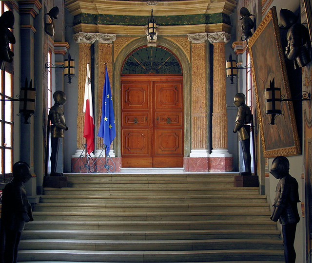 Within the Palace of the Grand Masters is this dramatic entrance to the Malta Parliament Chambers