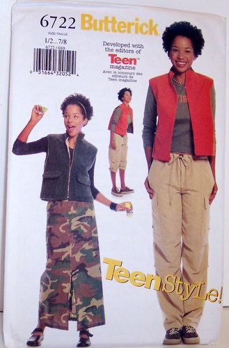 Butterick Pattern 6722 Teen Magazine Vest Pants Skirt Size 1 Size 2 Bust 32.5 Waist 25 Hip 34.5