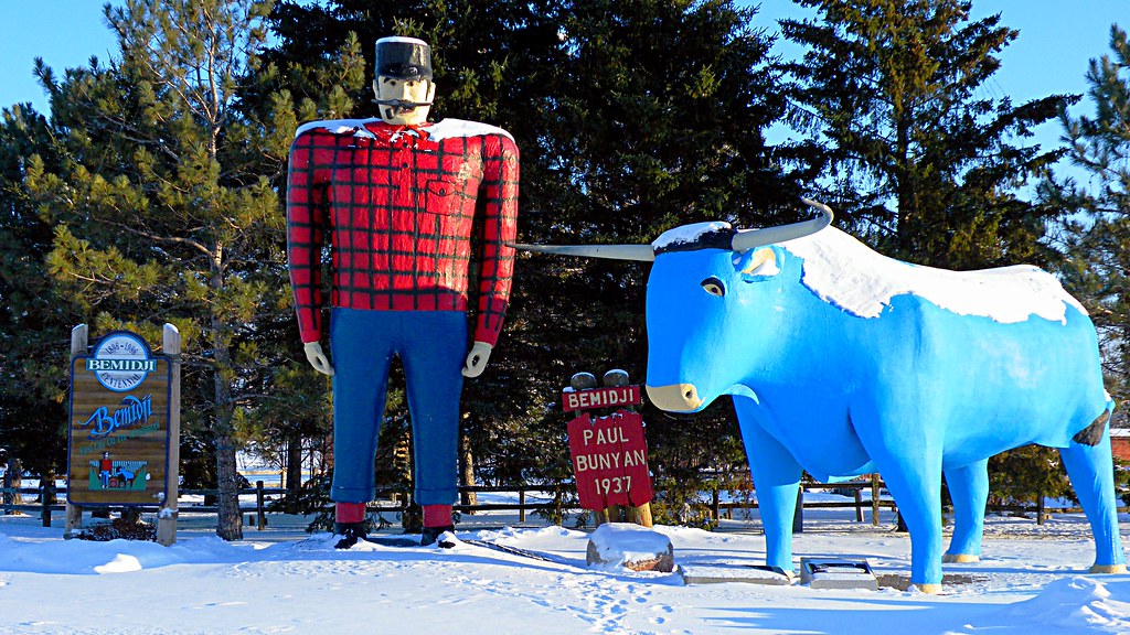 I'm told these statues of Paul Bunyan and Babe the blue ox were create...