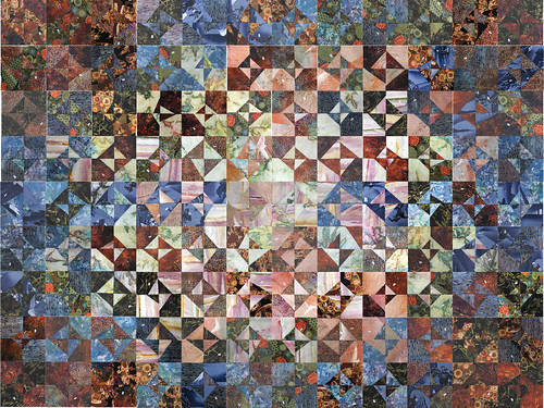 A schematic assembled from individual photos of each of the 108 quilt blocks.  Zoom in enough and you'll see the numbers on each square.  (Here's hoping the finished project bears at least a slight resemblance.)

49 blocks pieced by Heather; 59 by me.