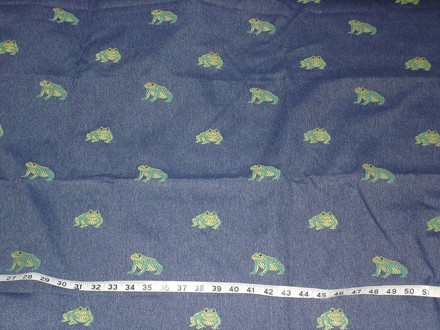 Green yellow embroidered frog faux denim fabric