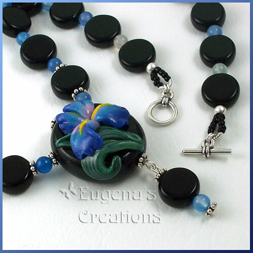 Blue Iris Necklace, Polymer Clay