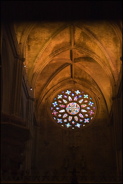 Rose Window in Seville Cathedral at Sunset
