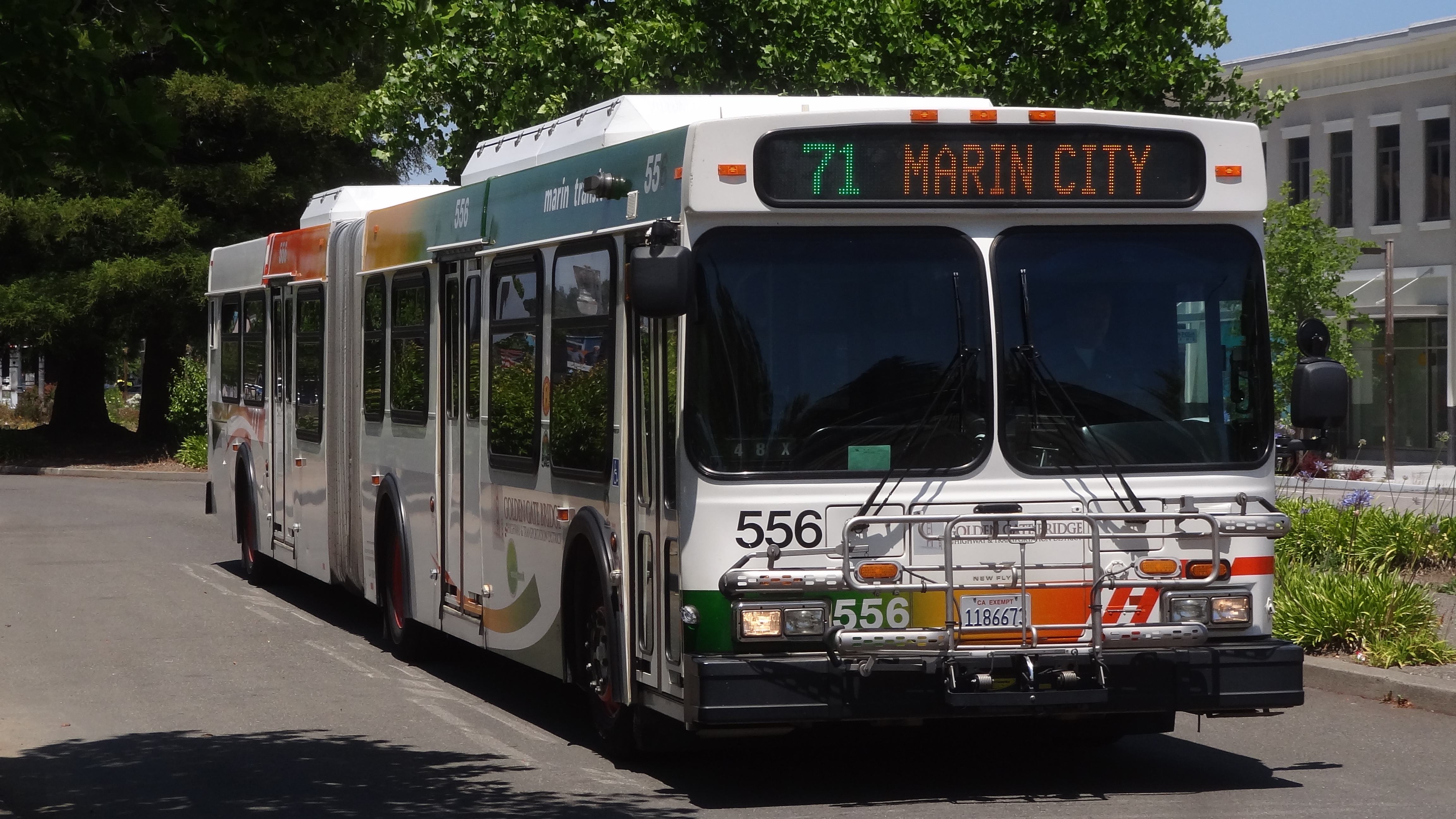 A New Flyer D60LF Operating as a Route 71 to Marin City in Downtown Novato
