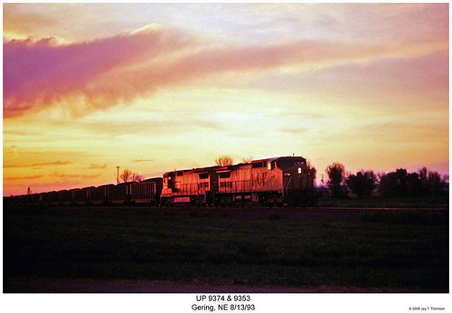 UP 9374 & 9353 by Robert W. Thomson, Reproduced 35mm Slide
Photo shot by my Dad, Jay Thomson, at Gering, NE in August 1993
As the sun se