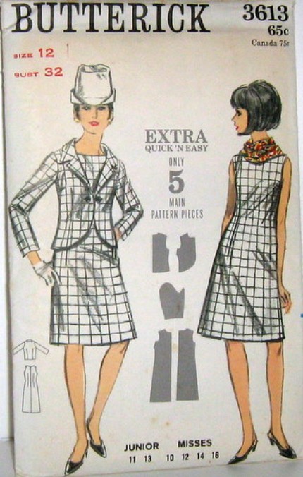 Vintage Butterick Pattern 3613 Mod 60s Jacket and A Line Dress Size 12 Bust 32, Waist 25, Hip 34