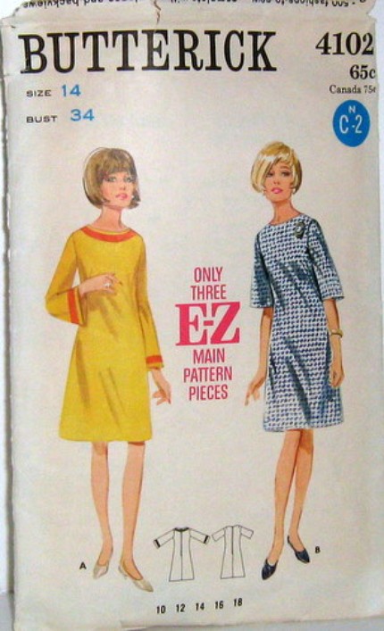 Vintage butterick Pattern 4102 60s Mod A Line Dress with Three Quarter Length or Bell Sleeves Size 14 Bust 34 Waist 26 Hip 36
