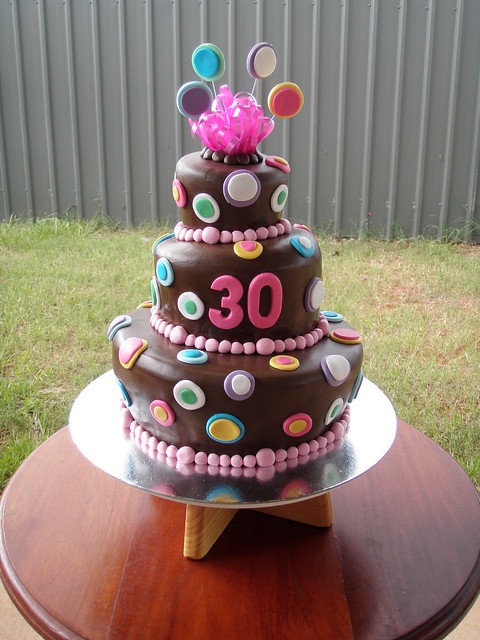 Mossy's masterpiece 30th birthday 3 tier chocolate wonky cake with multi coloured dots