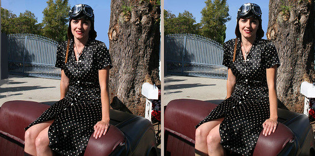 Faith posing on her '32 roadster in square cross-view Prisma-chrome 3D