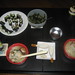 raw sushi, shitake mushroom soup and seaweed salad