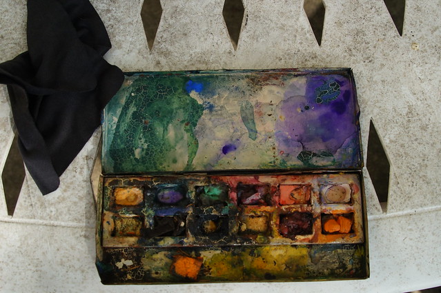 Old water colour box with last users colours