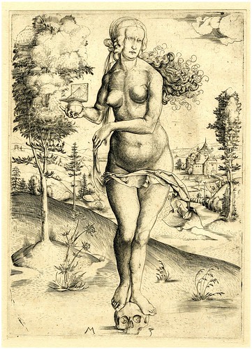 A Nude woman holding a sundial, standing on a skull by Assaf Kintzer