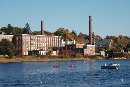 blue autumn sunset brick mill water boats kayak afternoon newhampshire sunny nh smokestack exeter restored squamscottriver