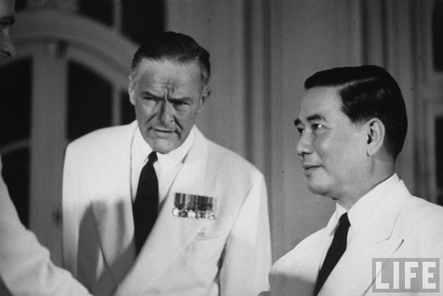 US Amb. to Vietnam Henry Cabot Lodge standing with Pres. of South Vietnam Ngo Dinh Diem. 9-1963