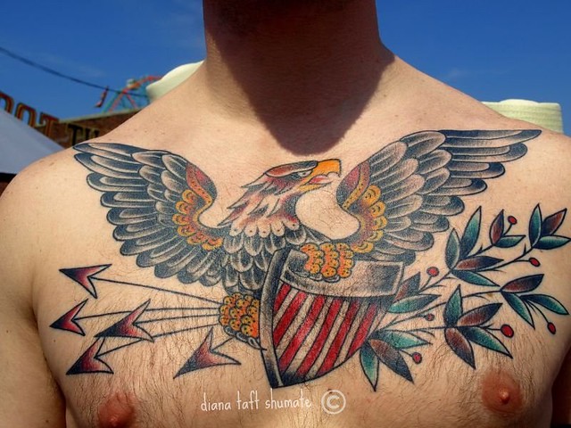 Eagle/ Shield chest tattoo by  Berkhardt at Top Shelf  in Queens NY